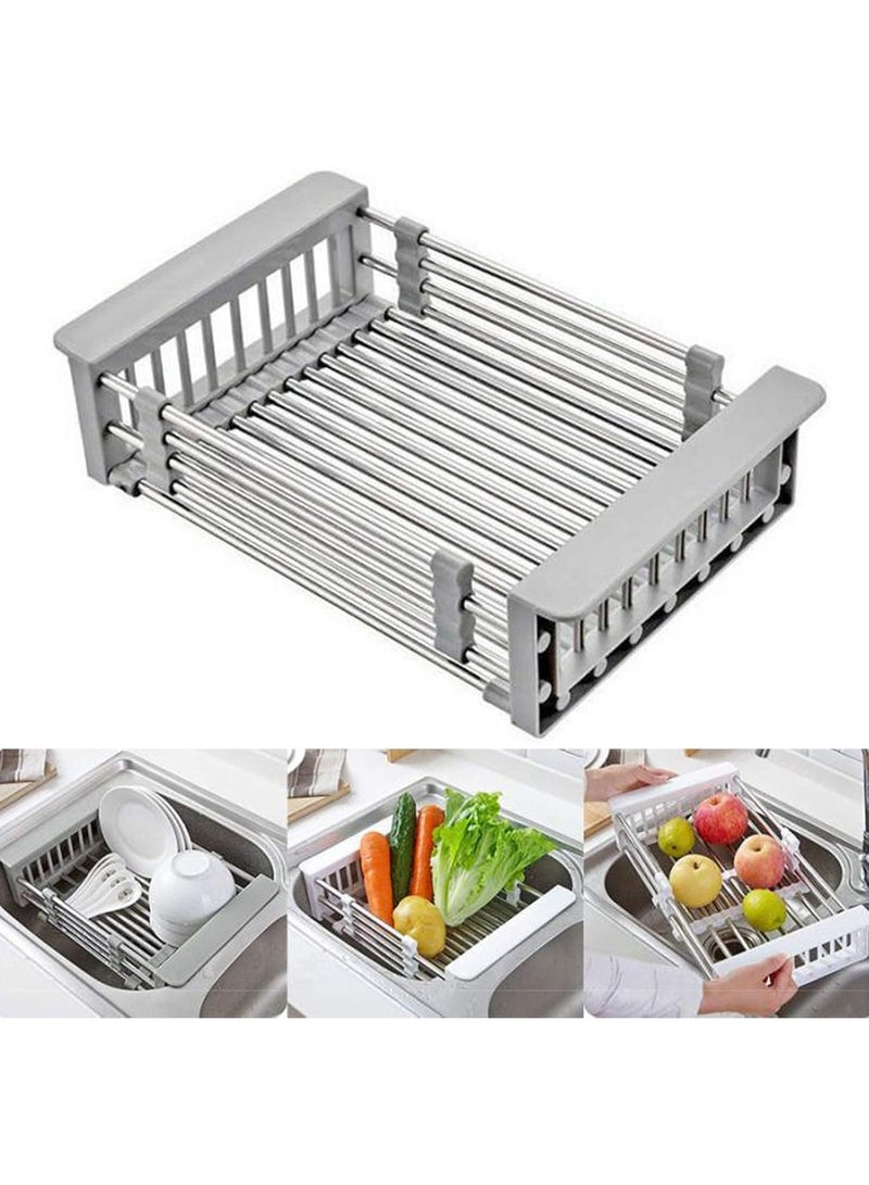 Stainless Steel Kitchen Drying Rack with Pull-Out Drain Basket and Adjustable Armrest for Over the Sink Dish Drying  - Image 1