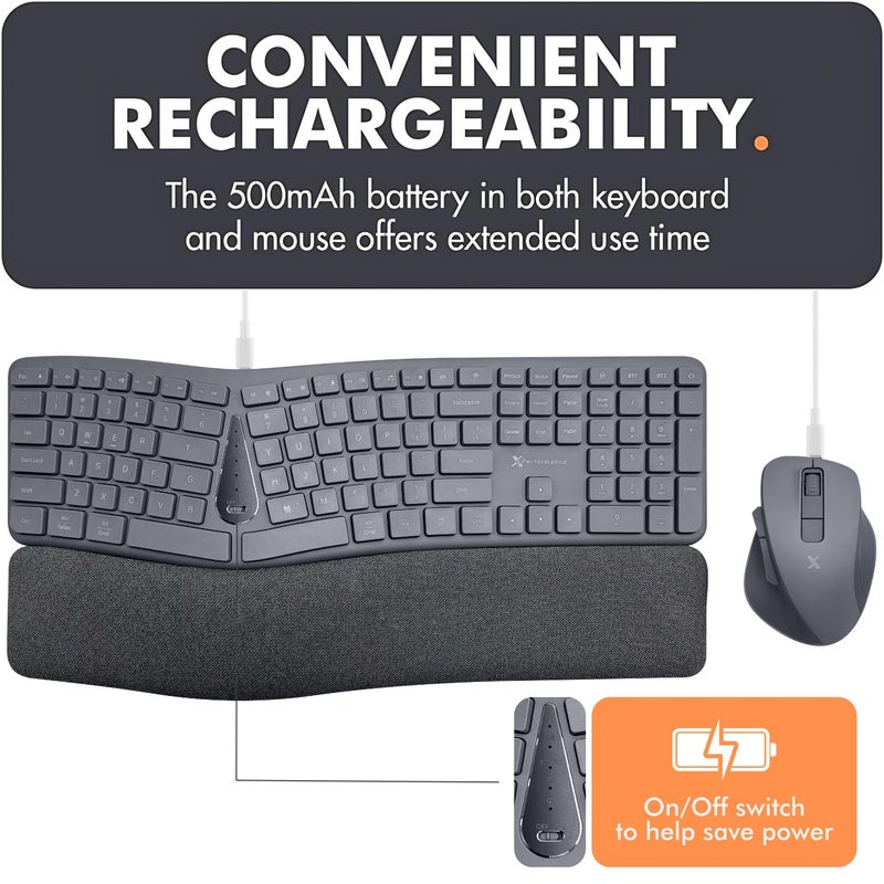 X9 Performance X9 Split Ergonomic Keyboard Mouse Wireless Combo - Type Comfortably Longer - 2.4G/Bluetooth Ergo Keyboard Mouse Wireless, Silent Keys, Wrist Rest, Multi-Device, Rechargeable for Laptop, PC, Mac - Gray - Image 5