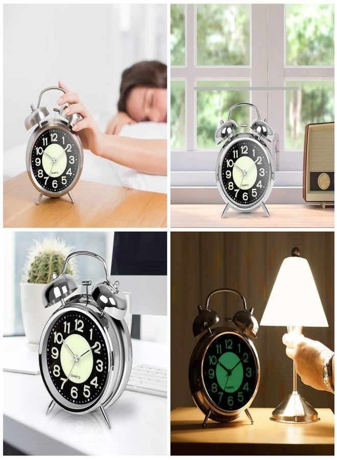 RUCON ® Table Analog Clock Alarm Super Loud for Heavy Sleepers Retro Twin Bell Metal Frame Clock with Night Backlight Function Bedside Luminous Alarm for Bedroom/Office (Silver Luminous) - Image 5
