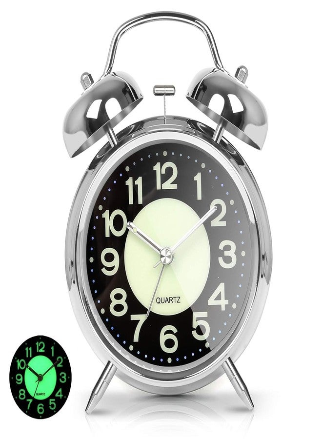 RUCON ® Table Analog Clock Alarm Super Loud for Heavy Sleepers Retro Twin Bell Metal Frame Clock with Night Backlight Function Bedside Luminous Alarm for Bedroom/Office (Silver Luminous) - Image 1