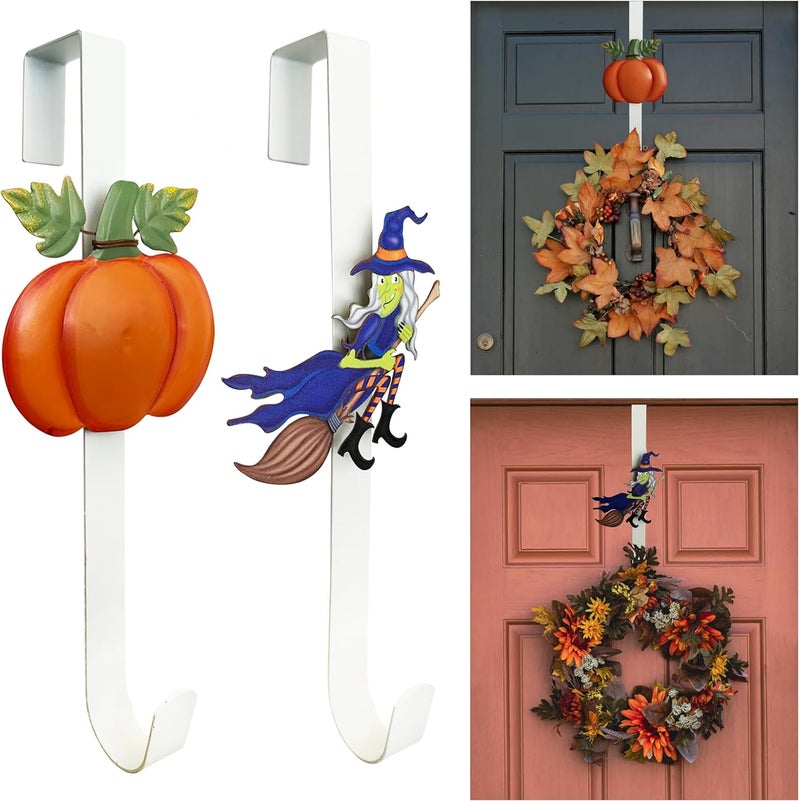 KEDONCHEN 2 Pack Pumpkin & Witch with Fall Wreath Door Hanger, Fall Decoration Metal Over The Door Single Halloween Wreath Hanger Ornament Halloween Wreath Hangers for Front Door,Door Wreath Hanger - Image 1