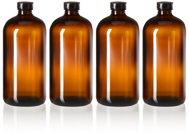 kitchentoolz 32oz Amber Glass Bottles - Air Tight Seal Lids - Quart-Sized Brown Glass Growlers for Beer, Kombucha, and Juice Storage - Pack of 4