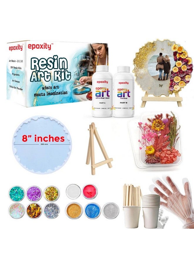 Epoxity Resin DIY Kit Photoframe Kit with Resin, Wooden Stand and Dry Flowers Rasin Liquid (Round Shape) - Image 1