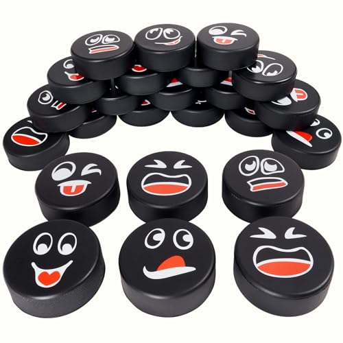 Retrora 24 Pcs Foam Ice Hockey Pucks with Emotions Faces & Mesh Bag - Mini Indoor 3" Funny Hockey Pucks for Practice, Training, Birthday Party Favors & Fun Gift Decoration - Image 1