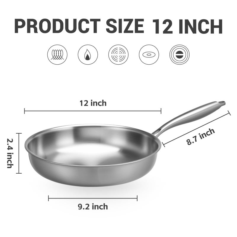 Kirecoo Tri-Ply Stainless Steel Pan - 12 Inch Frying Pan, Fast and Even Heat Stainless Steel Skillet, Induction Cookware, Dishwasher and Oven Safe Skillet - Image 2
