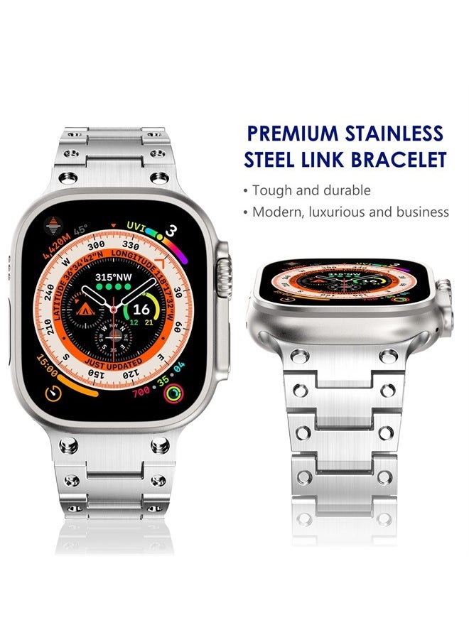 WINGLE - Compatible with Apple Watch Ultra Band 49mm 45mm 44mm 42mm Series 8 7 SE Men, Stainless Steel Metal Watch Bands Wristband for iWatch Strap Series 8 7 SE 6 5 4 3 2 1 Bracelet Women, Silver - Image 1
