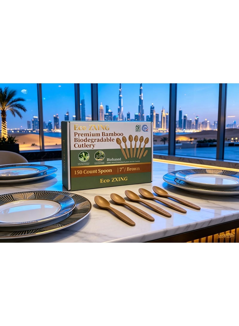 Eco ZXING Cutlery Gift Premium Eco-Friendly Luxury Biodegradable Bamboo Party Tableware Set 150 Count 7 Inch Disposable Spoons (Brown, Food Grade Bamboo Fiber, Plastic Free, Non - Toxic, 100% Biodegradable & Compostable) for Wedding, Birthday, Picnic & All Event Celebrations, Gfit - Image 1