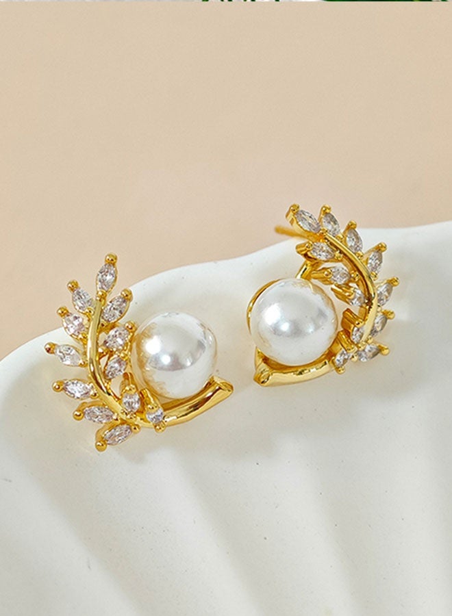 TUNKE Elegant Pearl Stud Earrings ,Crystal Leaf Branch Design, Stylish & Versatile, Perfect Gift for Women - Image 4