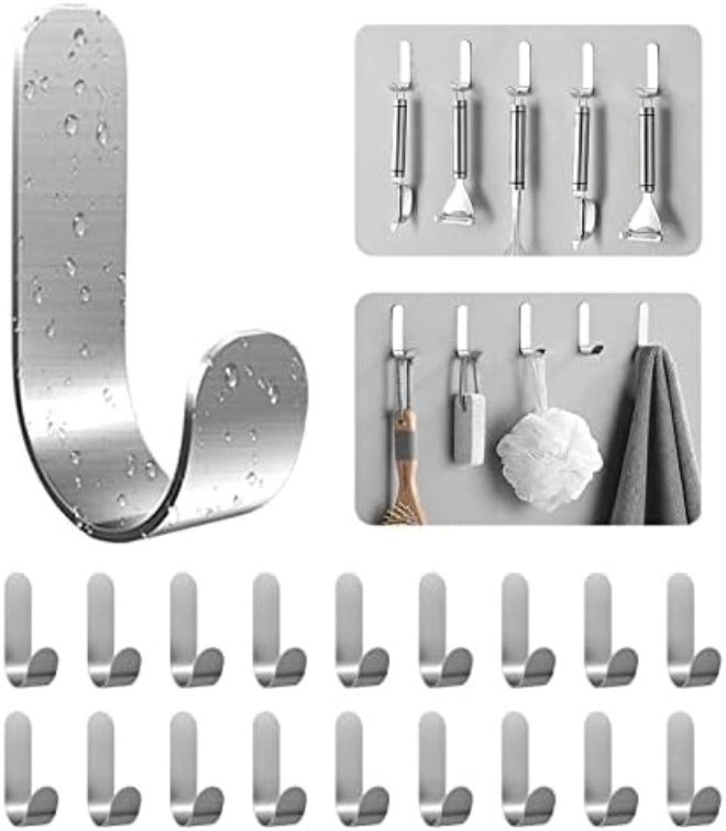 ATDOALL Adhesive Towel Hooks, 20 PCS Stainless Steel Self Adhesive Wall Hooks, Black Heavy Duty Shower Hook, Waterproof Oilproof Rustproof for Bathroom, Kitchen, Living Room - Image 1