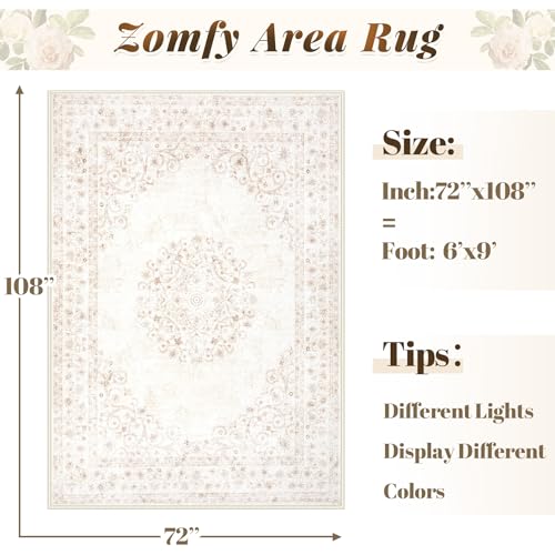 Zomfy Area Rug 6x9 Vintage Rug: Washable Indoor Medallion Rugs Low Pile Distressed Floor Carpet Retro Accent Rug for Living Room Bedroom Kitchen Dining Table Home Office(Distressed Beige, 6'x9') - Image 2