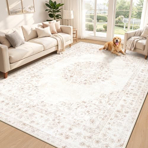 Zomfy Area Rug 6x9 Vintage Rug: Washable Indoor Medallion Rugs Low Pile Distressed Floor Carpet Retro Accent Rug for Living Room Bedroom Kitchen Dining Table Home Office(Distressed Beige, 6'x9') - Image 1