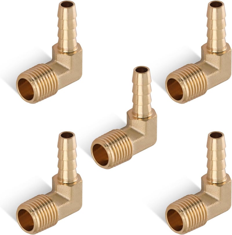 boeray 5pcs Brass Hose Barb Fittings 90 Degree Elbow 1/4 Inch Barb to 1/4 Inch NPT Male Thread Air Hose Fittings Adapter Connector Water Fuel Air Line Fittings Elbow Fittings - Image 1