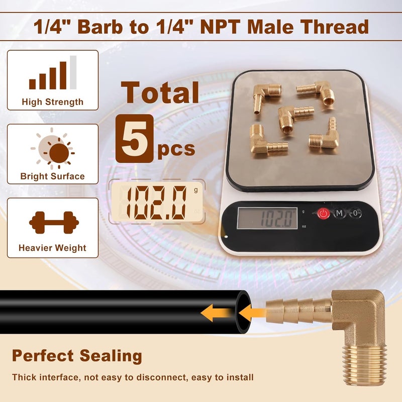 boeray 5pcs Brass Hose Barb Fittings 90 Degree Elbow 1/4 Inch Barb to 1/4 Inch NPT Male Thread Air Hose Fittings Adapter Connector Water Fuel Air Line Fittings Elbow Fittings - Image 5