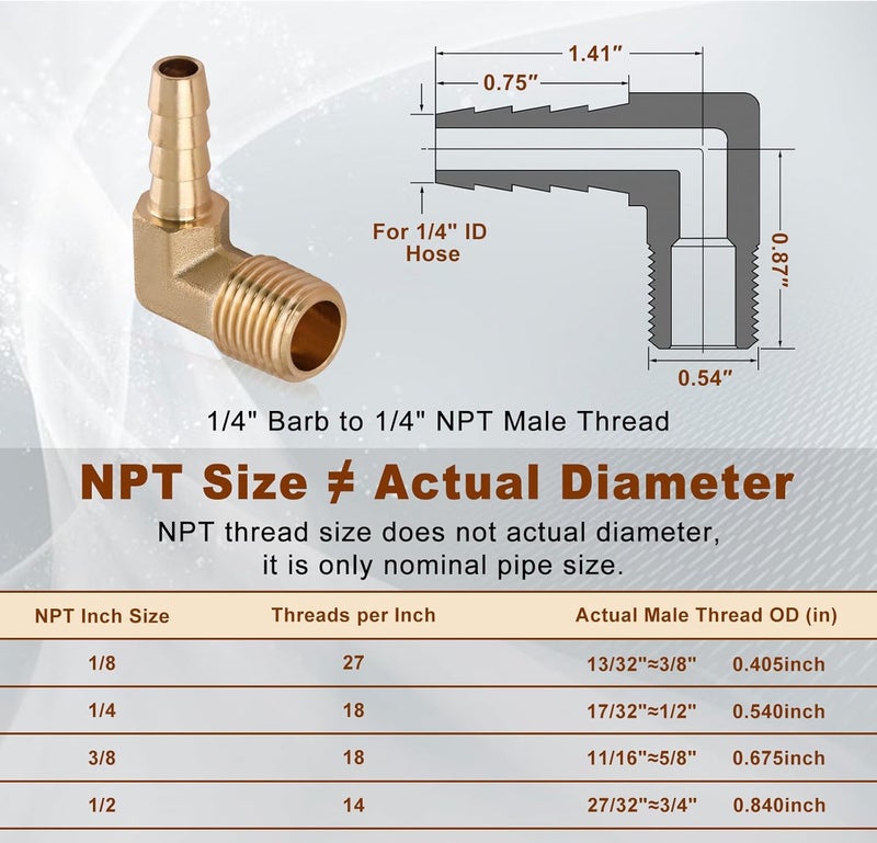 boeray 5pcs Brass Hose Barb Fittings 90 Degree Elbow 1/4 Inch Barb to 1/4 Inch NPT Male Thread Air Hose Fittings Adapter Connector Water Fuel Air Line Fittings Elbow Fittings - Image 2