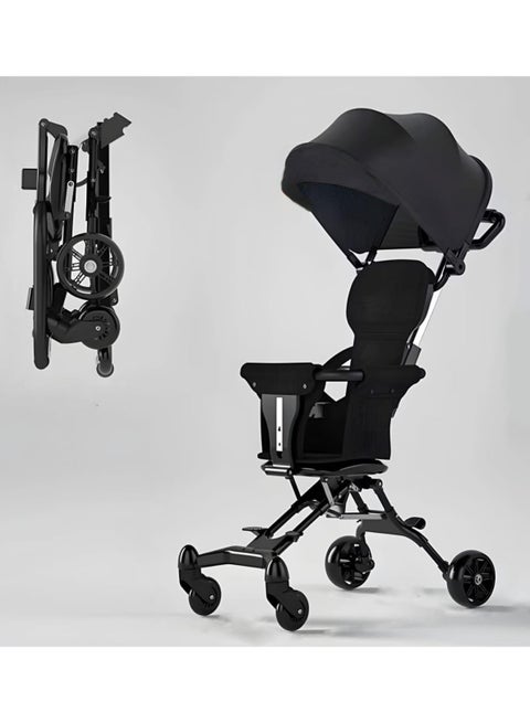 Easy-to-use, four-wheeled foldable stroller for children, which can be transported inside the plane.Black color