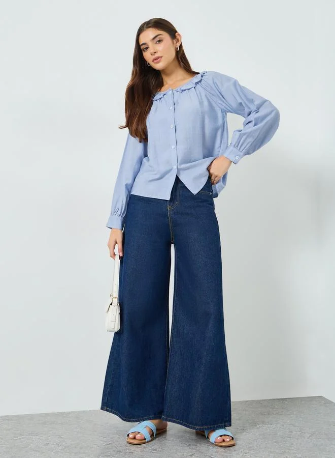 Take Two Light Blue Ruffled Long Sleeve Top