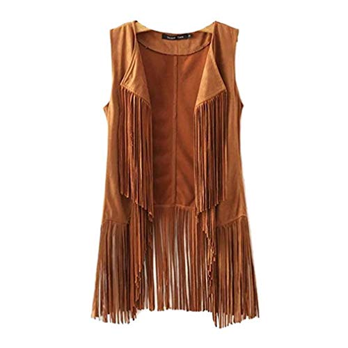 Paixpays New Tassels Fringe Sleeveless Suede Vest Cardigan Waistcoat Jacket Outwear Tops,Khaki,Large - Image 3
