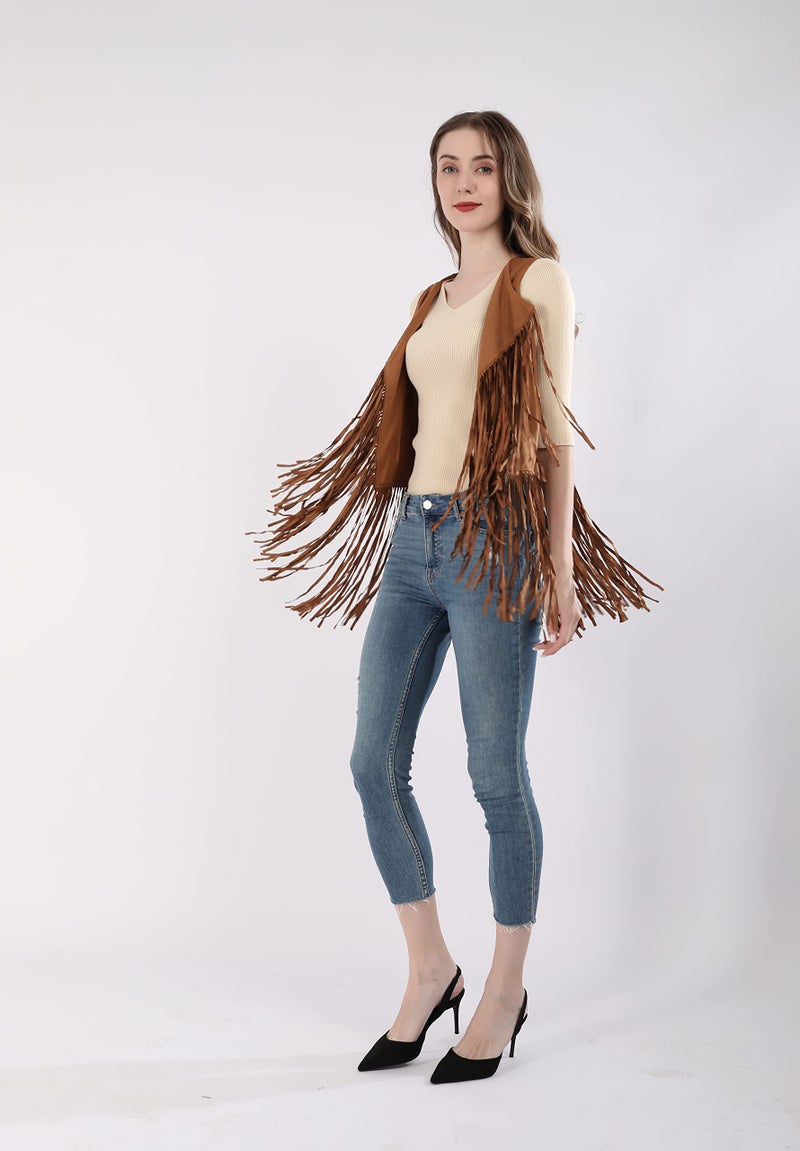 Paixpays New Tassels Fringe Sleeveless Suede Vest Cardigan Waistcoat Jacket Outwear Tops,Khaki,Large - Image 5