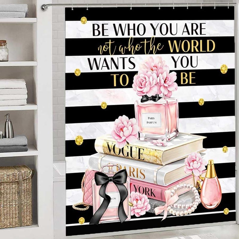 Paris Perfume and Vogue Books with Inspirational QuoteShower Curtain for Bathroom Waterproof Tan Shower Curtain with Hooks 71 inch x 71 inch - Image 2