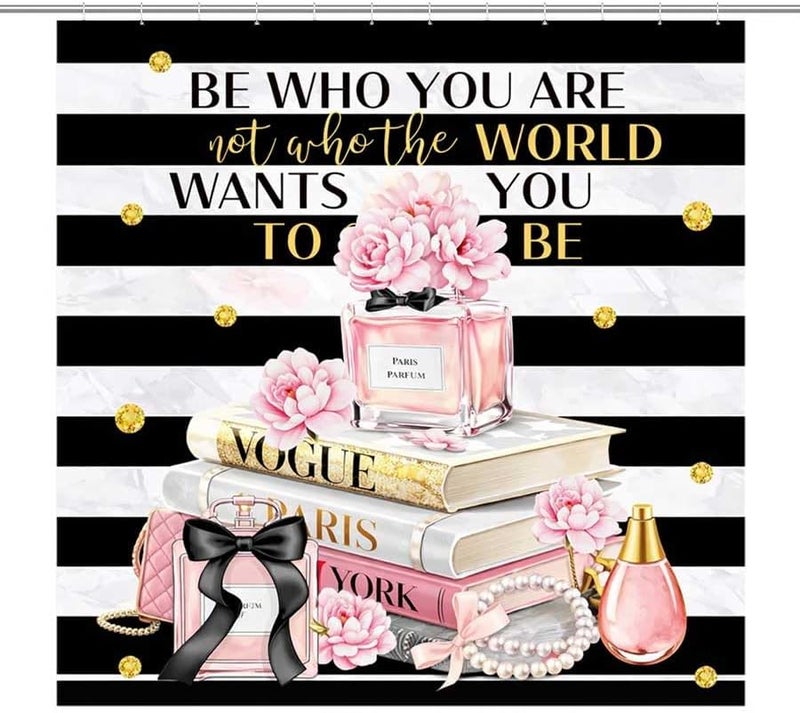 Paris Perfume and Vogue Books with Inspirational QuoteShower Curtain for Bathroom Waterproof Tan Shower Curtain with Hooks 71 inch x 71 inch - Image 1
