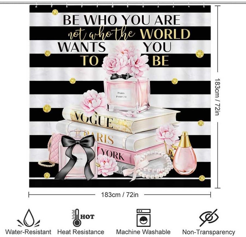 Paris Perfume and Vogue Books with Inspirational QuoteShower Curtain for Bathroom Waterproof Tan Shower Curtain with Hooks 71 inch x 71 inch - Image 3