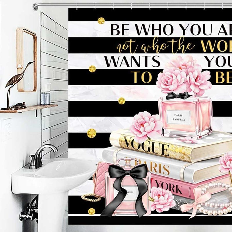 Paris Perfume and Vogue Books with Inspirational QuoteShower Curtain for Bathroom Waterproof Tan Shower Curtain with Hooks 71 inch x 71 inch - Image 4