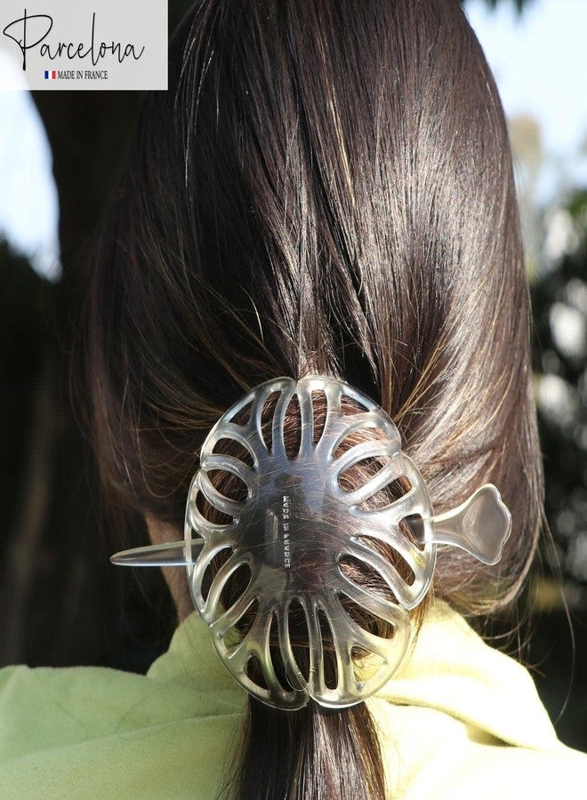 Parcelona French Radial Celluloid Chignon Hair Slide Pin Thru 3.5" Bun Cover Ponytail Holder Hair Updo Dome Round Hair Clips for Women, Made in France (Clear) - Image 2