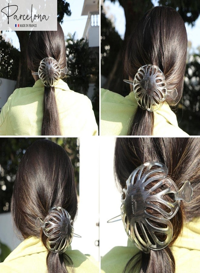 Parcelona French Radial Celluloid Chignon Hair Slide Pin Thru 3.5" Bun Cover Ponytail Holder Hair Updo Dome Round Hair Clips for Women, Made in France (Clear) - Image 3