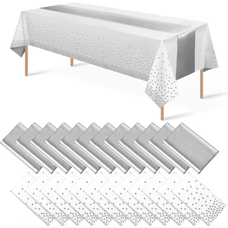 MASHAN 24Pack Disposable Plastic Tablecloths and Satin Table Runner Set White and Silver Dot Tablecloth Silver Satin Table Runner for Wedding Birthday Baby Shower Christmas New Year Party Decorations - Image 1