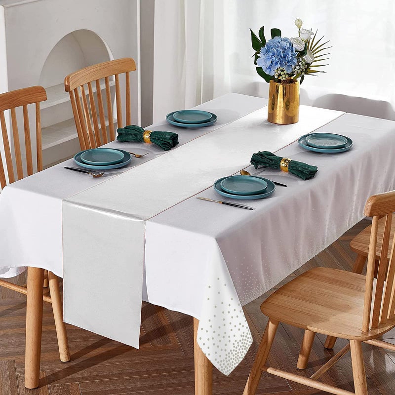 MASHAN 24Pack Disposable Plastic Tablecloths and Satin Table Runner Set White and Silver Dot Tablecloth Silver Satin Table Runner for Wedding Birthday Baby Shower Christmas New Year Party Decorations - Image 4