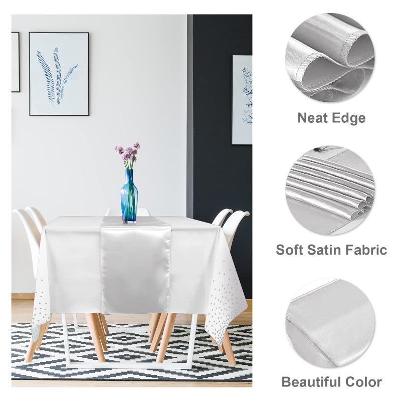 MASHAN 24Pack Disposable Plastic Tablecloths and Satin Table Runner Set White and Silver Dot Tablecloth Silver Satin Table Runner for Wedding Birthday Baby Shower Christmas New Year Party Decorations - Image 3