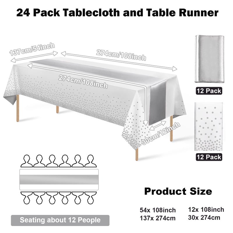MASHAN 24Pack Disposable Plastic Tablecloths and Satin Table Runner Set White and Silver Dot Tablecloth Silver Satin Table Runner for Wedding Birthday Baby Shower Christmas New Year Party Decorations - Image 2