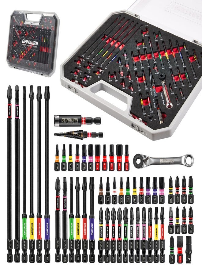 Geinxurn 58Pcs Screwdriver Set Include 54Pcs Impact Screwdriver Bits Set, Mini Wrench, Step Drill, 1/4”Socket Adapter and Impact Bit Extension with Tool Box for Home Repairs DIY - Image 1