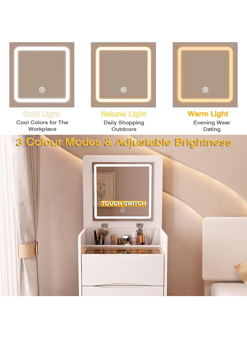 Organized Home Compact Makeup Vanity Desk with Flip Top Mirror LED Light Glass Top 3 Storage Drawers and Hidden Stool for Bedroom Small Space - Image 2