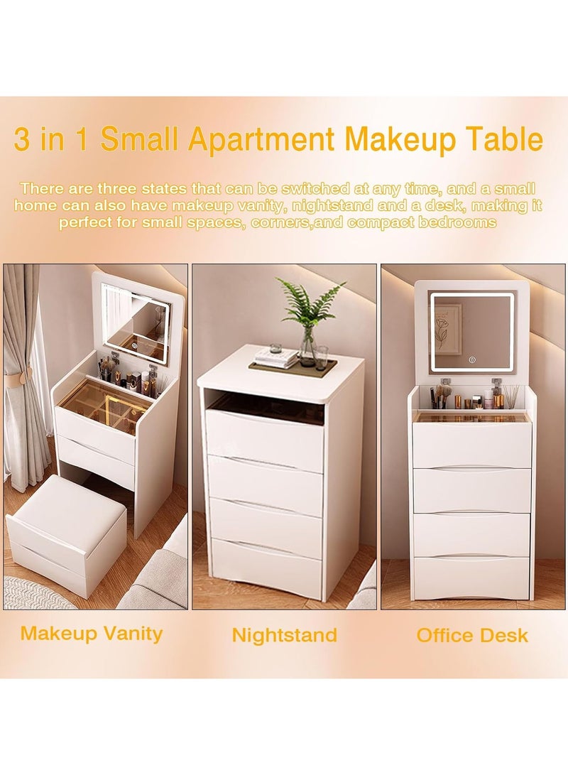 Organized Home Compact Makeup Vanity Desk with Flip Top Mirror LED Light Glass Top 3 Storage Drawers and Hidden Stool for Bedroom Small Space - Image 3