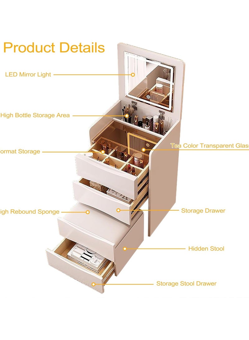 Organized Home Compact Makeup Vanity Desk with Flip Top Mirror LED Light Glass Top 3 Storage Drawers and Hidden Stool for Bedroom Small Space - Image 5