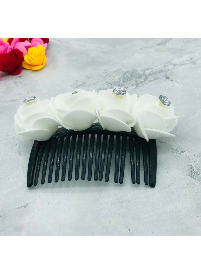 AROOMAN Artificial flower Fancy Juda Comb clip/Bun Comb Hair Flower Comb for Wedding and Parties Use for Women (White Color Pack :-1) - Image 3