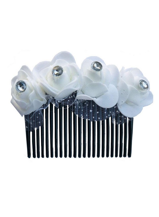 AROOMAN Artificial flower Fancy Juda Comb clip/Bun Comb Hair Flower Comb for Wedding and Parties Use for Women (White Color Pack :-1) - Image 1