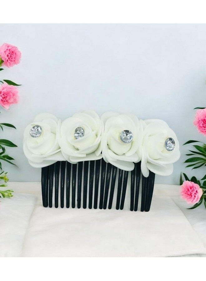 AROOMAN Artificial flower Fancy Juda Comb clip/Bun Comb Hair Flower Comb for Wedding and Parties Use for Women (White Color Pack :-1) - Image 2