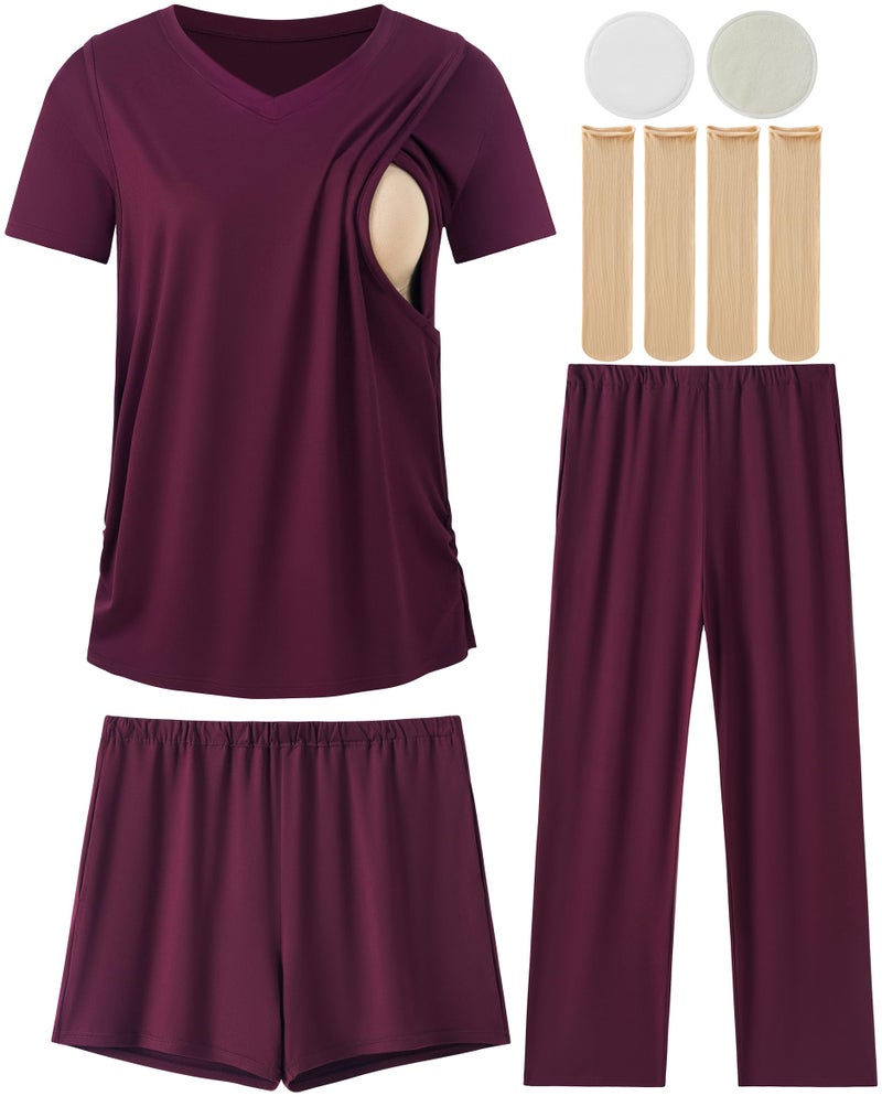 DANSHOW 5 Piece V Neck Maternity Nursing Pajamas Set Postpartum Pjs Breastfeeding Sleepwear, Nursing Breast Pads & Socks (HY237701-02B-M) Burgundy - Image 1