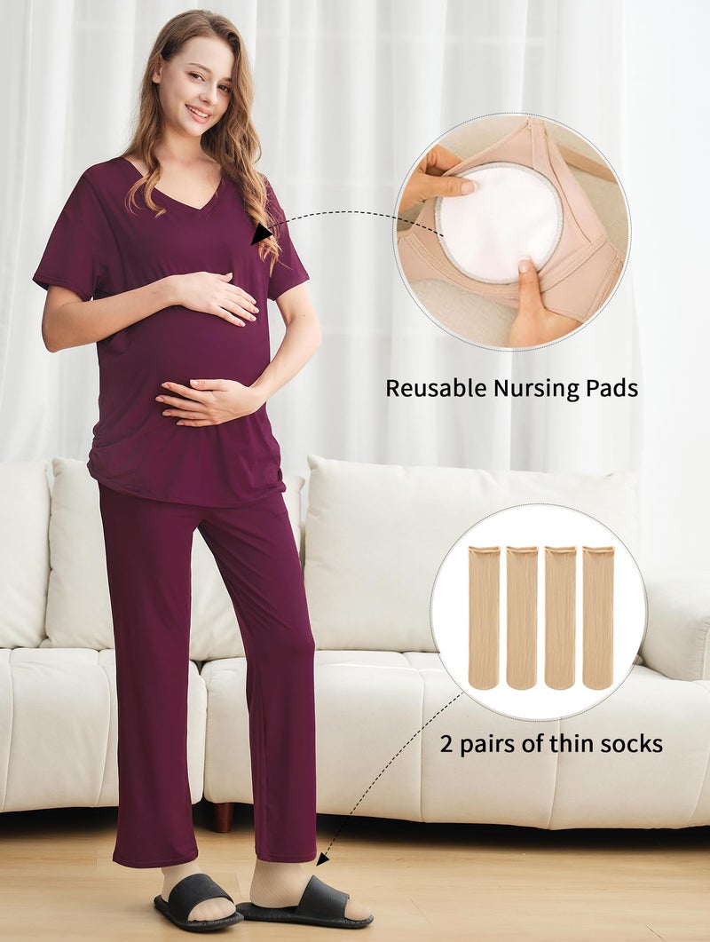DANSHOW 5 Piece V Neck Maternity Nursing Pajamas Set Postpartum Pjs Breastfeeding Sleepwear, Nursing Breast Pads & Socks (HY237701-02B-M) Burgundy - Image 5