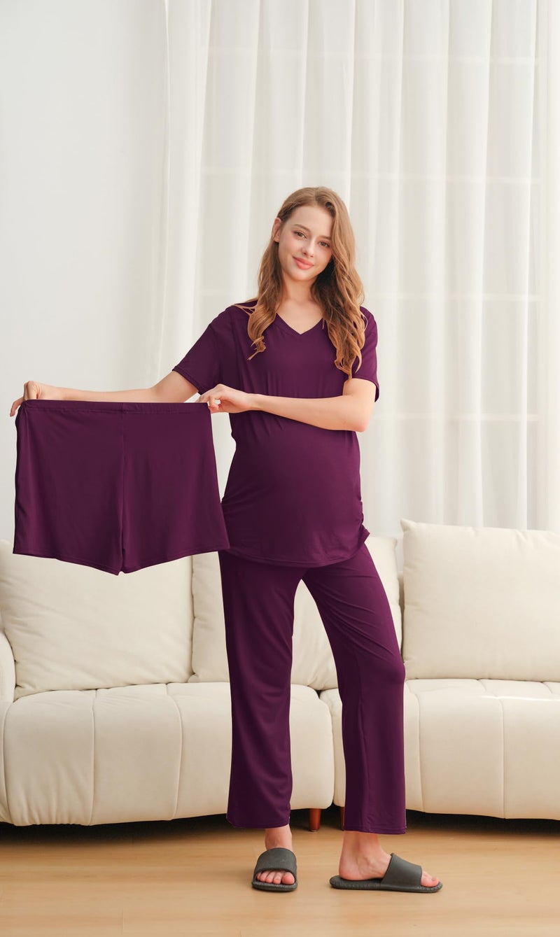 DANSHOW 5 Piece V Neck Maternity Nursing Pajamas Set Postpartum Pjs Breastfeeding Sleepwear, Nursing Breast Pads & Socks (HY237701-02B-M) Burgundy - Image 3