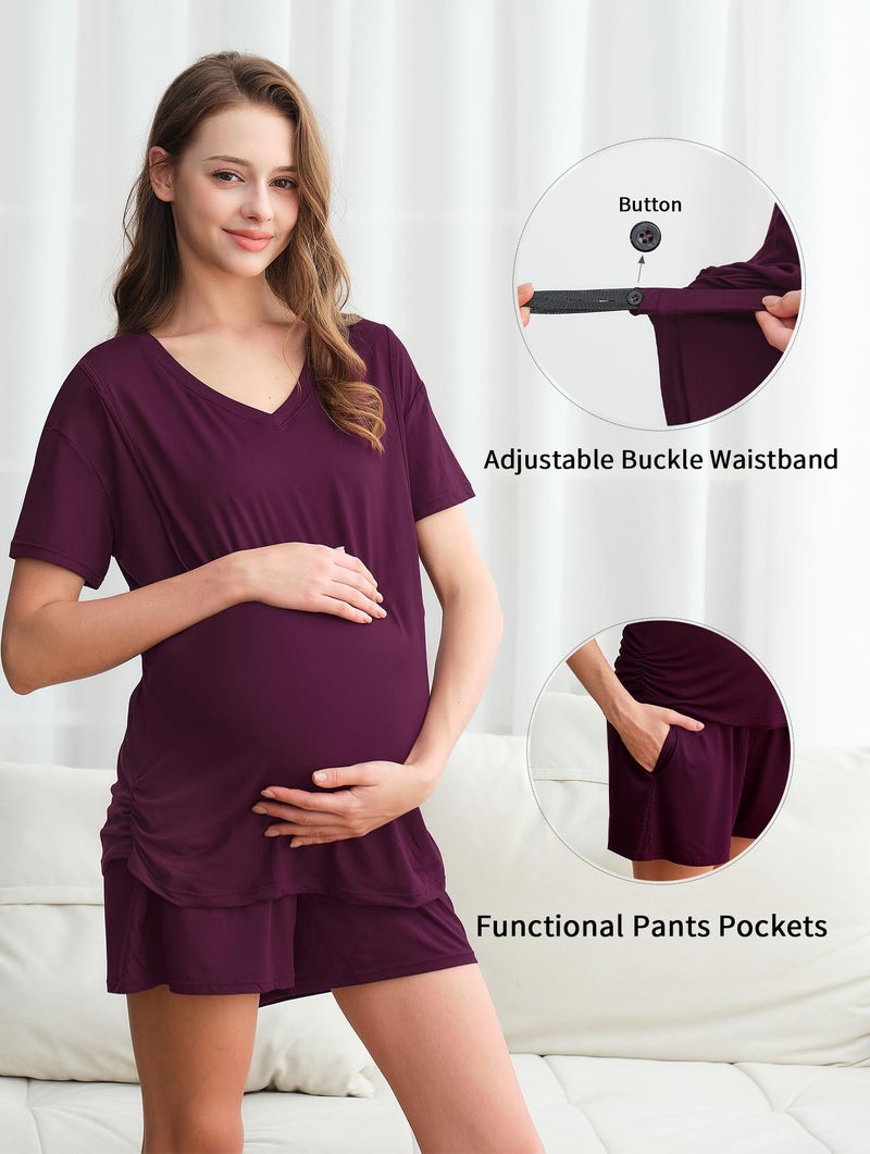 DANSHOW 5 Piece V Neck Maternity Nursing Pajamas Set Postpartum Pjs Breastfeeding Sleepwear, Nursing Breast Pads & Socks (HY237701-02B-M) Burgundy - Image 4
