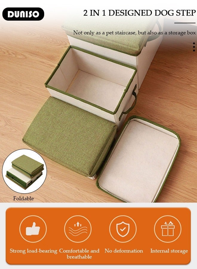 DUNISO 3-Step Foldable Pet Steps with Handle, 2-in-1 Soft Flannel Dog Stairs with Storage, Non-Slip Cat Steps with High-Elastic and Breathable Material Sponge for Puppy Kitten Climbing High Bed and Couch - Image 2