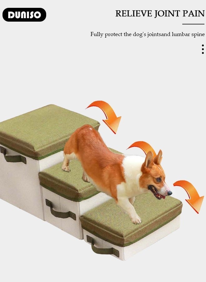DUNISO 3-Step Foldable Pet Steps with Handle, 2-in-1 Soft Flannel Dog Stairs with Storage, Non-Slip Cat Steps with High-Elastic and Breathable Material Sponge for Puppy Kitten Climbing High Bed and Couch - Image 3
