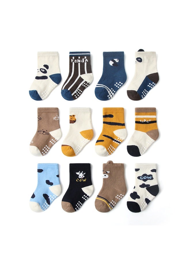 عبوة من 12 جوربًا قطنيًا للأطفال الرضع والصغار من عمر سنة إلى 7 سنوات، مانع للانزلاق، بألوان متعددة. - Image 1