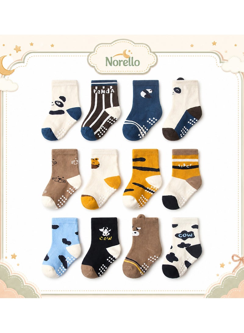 Norello 12 Pack Non Slip Kids Toddler Baby Socks with Grips for 1-7 Years Boys Girls Cotton Crew Socks Multi Colors - Image 1