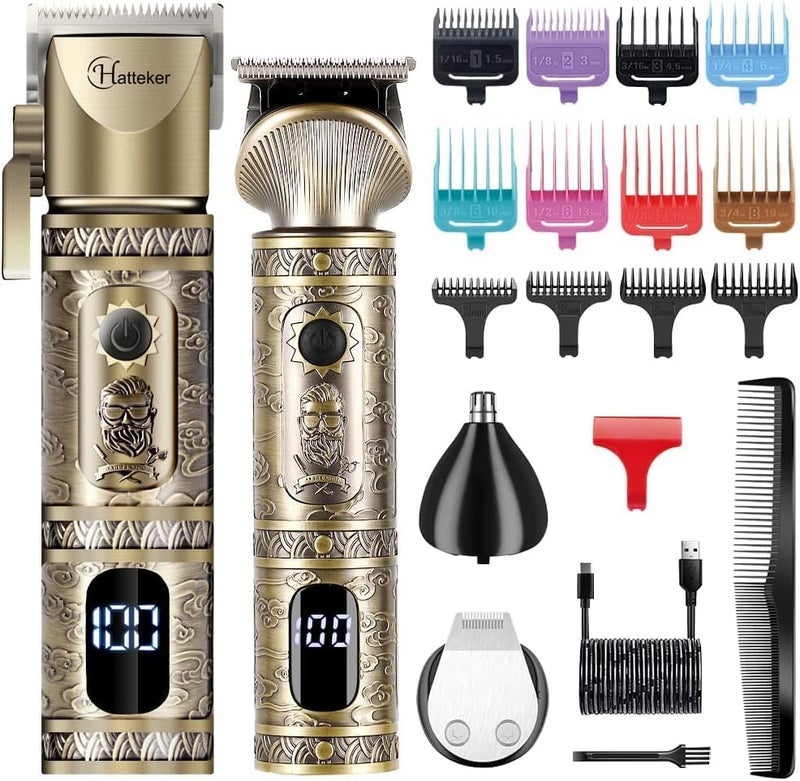 Hatteker Professional Men Hair Clipper and TBlade Clipper Set Cordless Rechargeable Hair Clipper Beard Trimmer Nose Beard Trimmer Multifunction Beauty Kit LED Display Gold