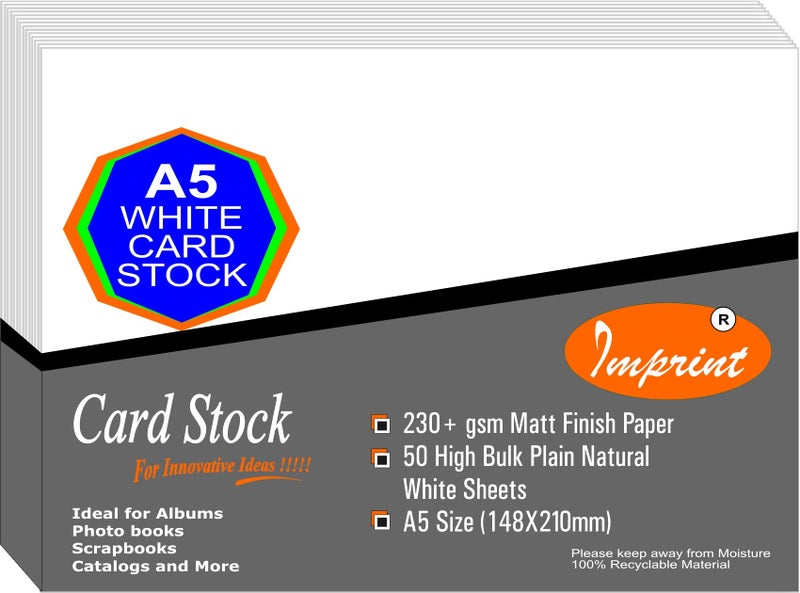 IMPRINT A5 Card Stock White Color, 230 GSM Thick, Pack of 50 - Image 1