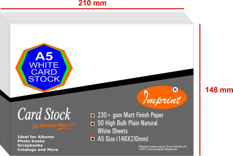 IMPRINT A5 Card Stock White Color, 230 GSM Thick, Pack of 50 - Image 2